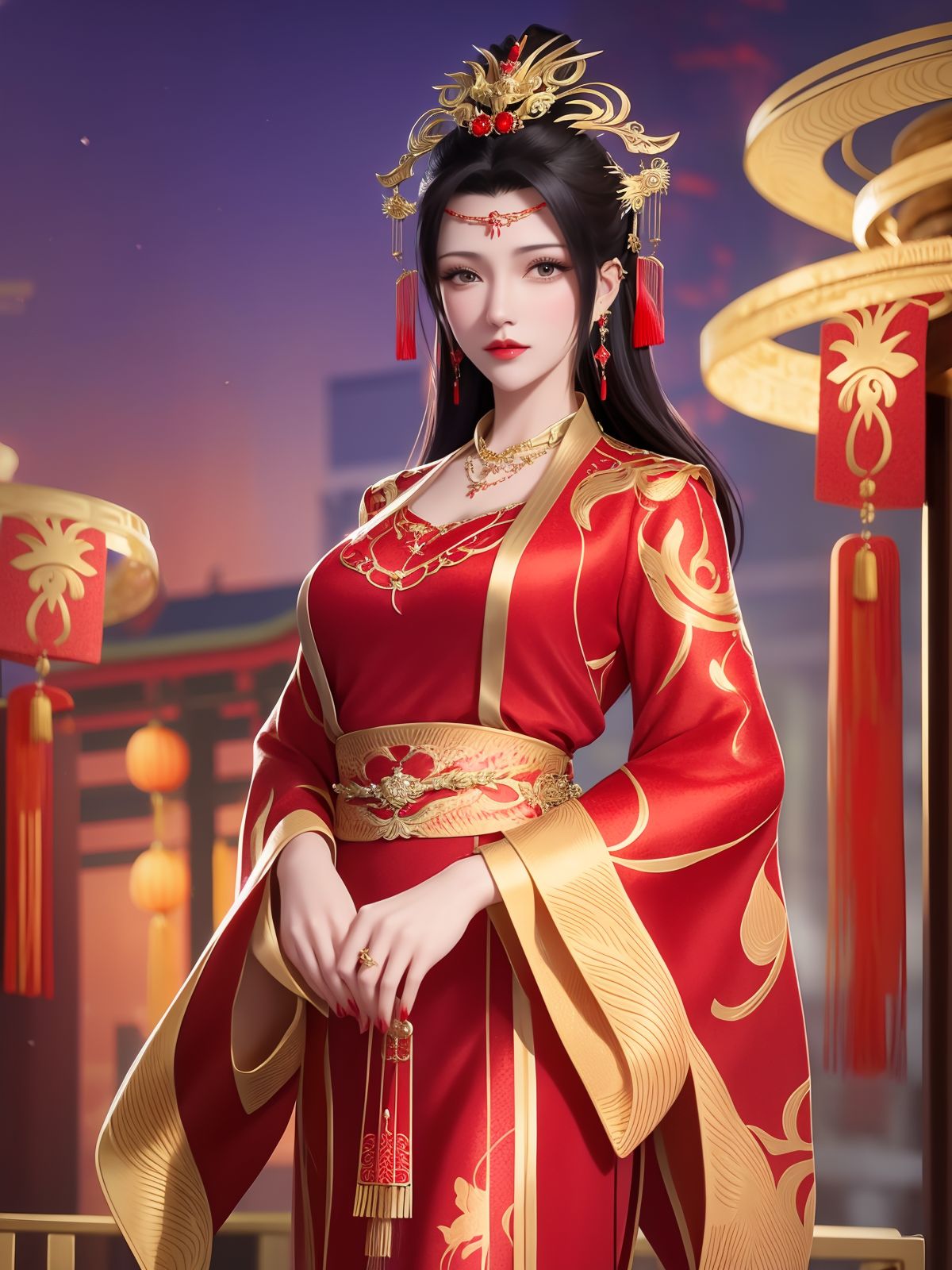 00070-4081851893-1girl,mature female,cityscape,night,looking at viewer,long hair,jewelry,hair ornament,earrings,red dress,chinese clothes,necklac.png